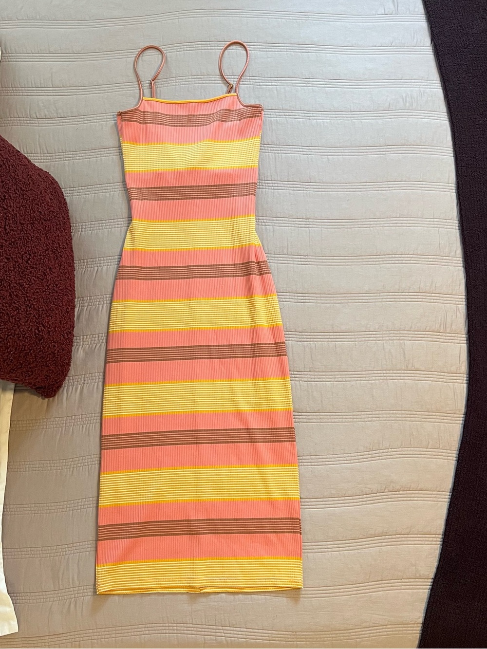 l*space Vanessa Striped Coral Yellow Spaghetti Strap Midi Dress Ribbed Beachy